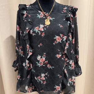 Torrid Black Floral Blouse with Ruffles